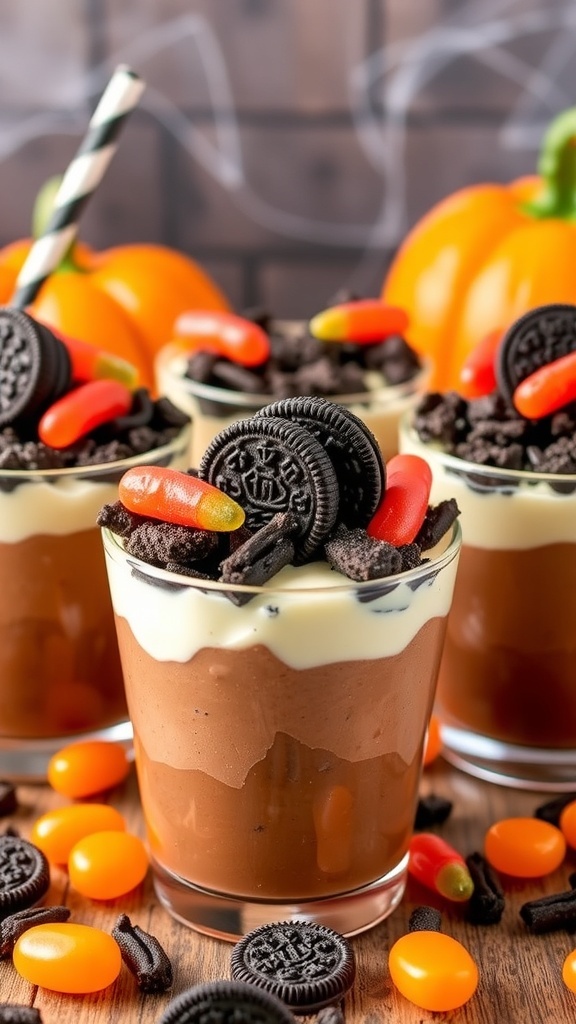 Halloween pudding cups with chocolate and vanilla layers, topped with crushed Oreos and gummy worms, on a Halloween-themed table.